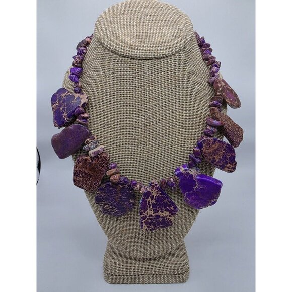 Purple‎ Sea Sediment Imperial Jasper Necklace Handmade Slabs Chips 18" Statement - Picture 2 of 11